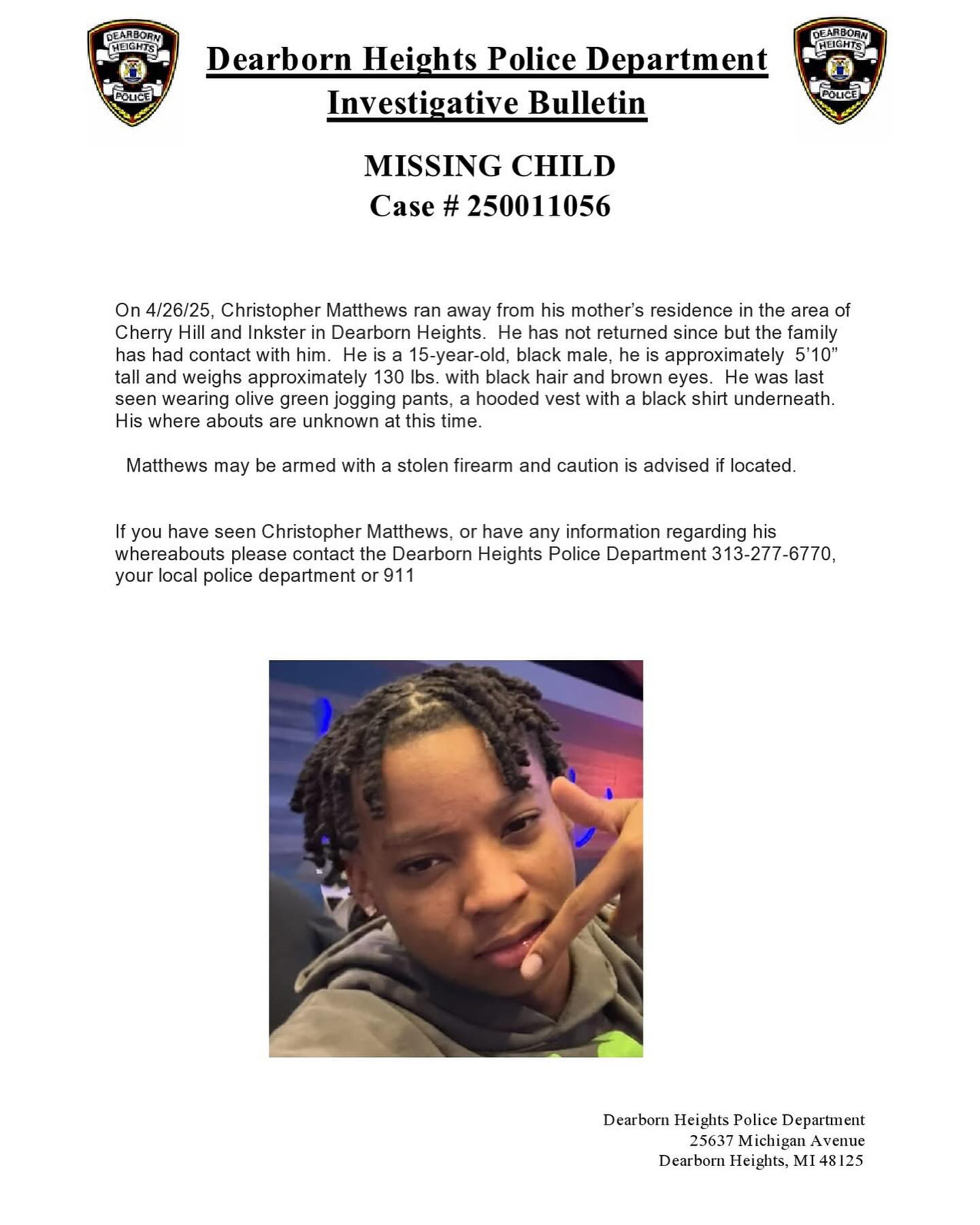 Inkster - 🚨 MISSING TEEN ALERT 🚨 Please help us locate Christopher ...