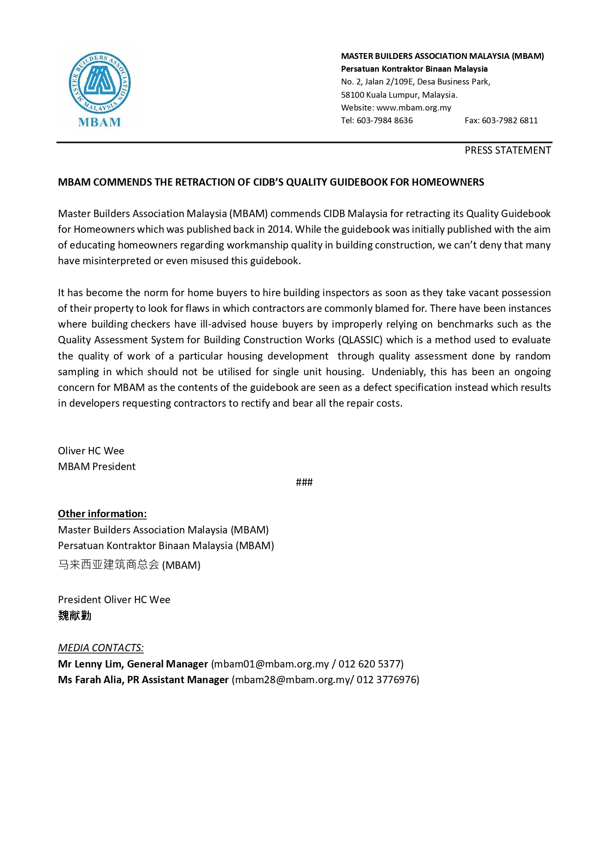 Master - MBAM COMMENDS THE RETRACTION OF CIDB’S QUALITY GUIDEBOOK FOR ...