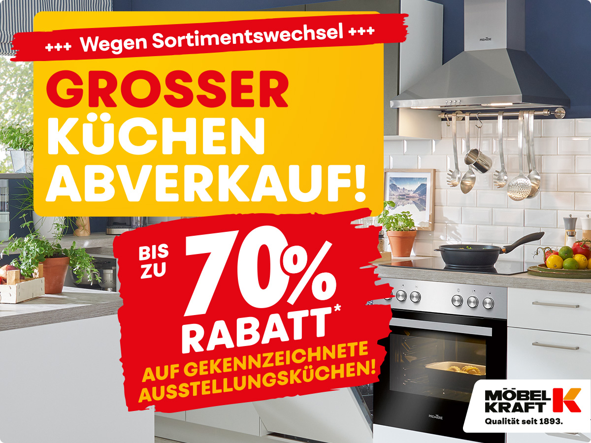 Mega Aktion bei Möbel Kraft Ab sofort läuft in allen acht Häusern ein riesiger Küchenabverkauf. Der Grund: Sortimentswechsel! Deshalb gibt es auf gekennzeichnete Ausstellungsküchen bis zu 70 Prozent Rabatt*. https://www. moebel-kraft.de/outlet-moebel