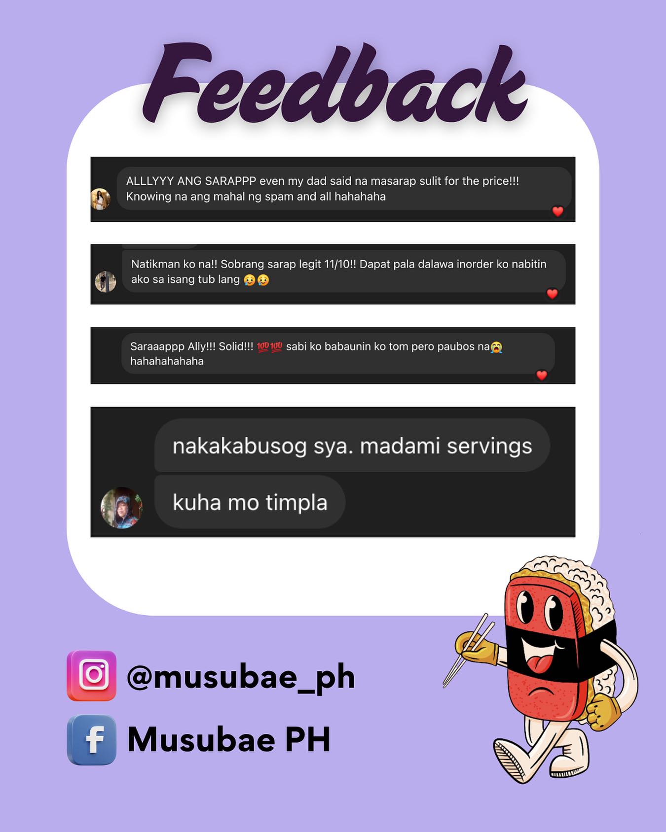 Musubae - Thank you so much to our dear customers for your feedback 💜 ...