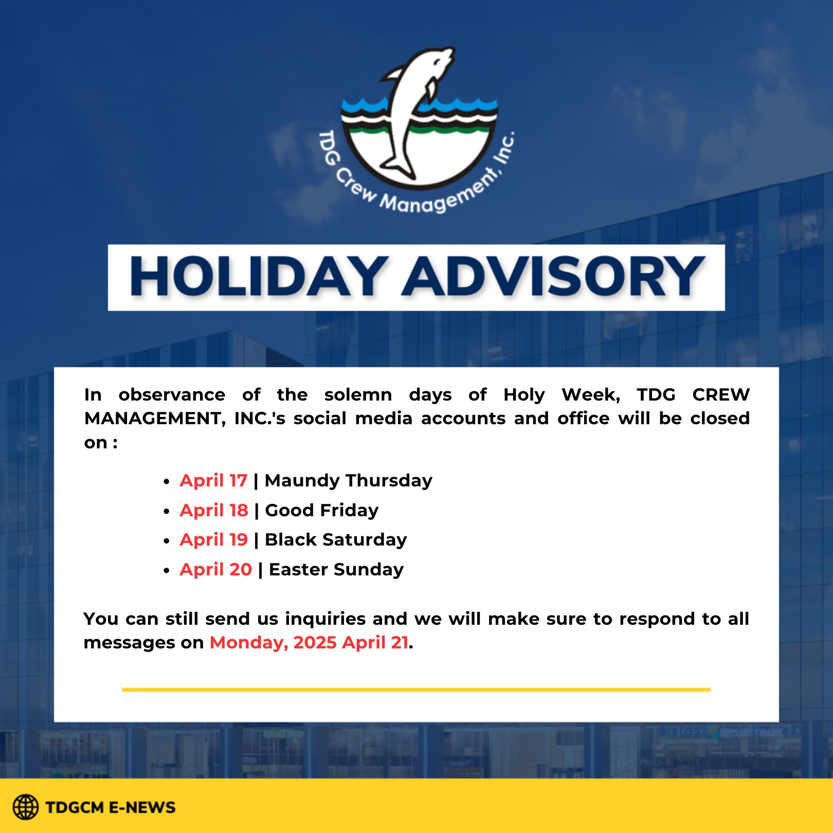 TDG - ADVISORY 📢 #HolyWeek #Holiday | Facebook