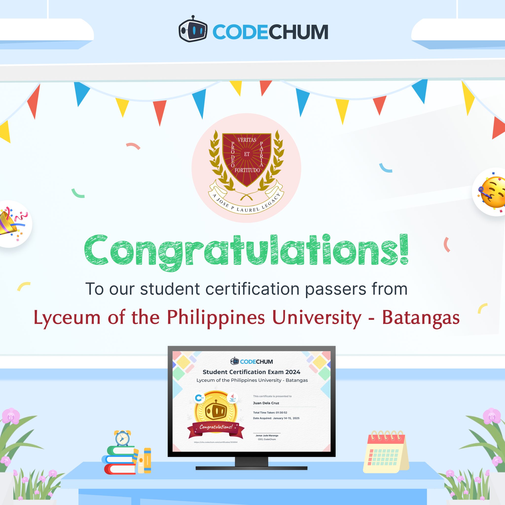 CodeChum - 𝑪𝒐𝒅𝒆𝑪𝒉𝒖𝒎 𝑪𝒆𝒓𝒕𝒊𝒇𝒊𝒆𝒅! 𝐂𝐎𝐍𝐆𝐑𝐀𝐓𝐔𝐋𝐀𝐓𝐈𝐎𝐍𝐒 to... | Facebook
