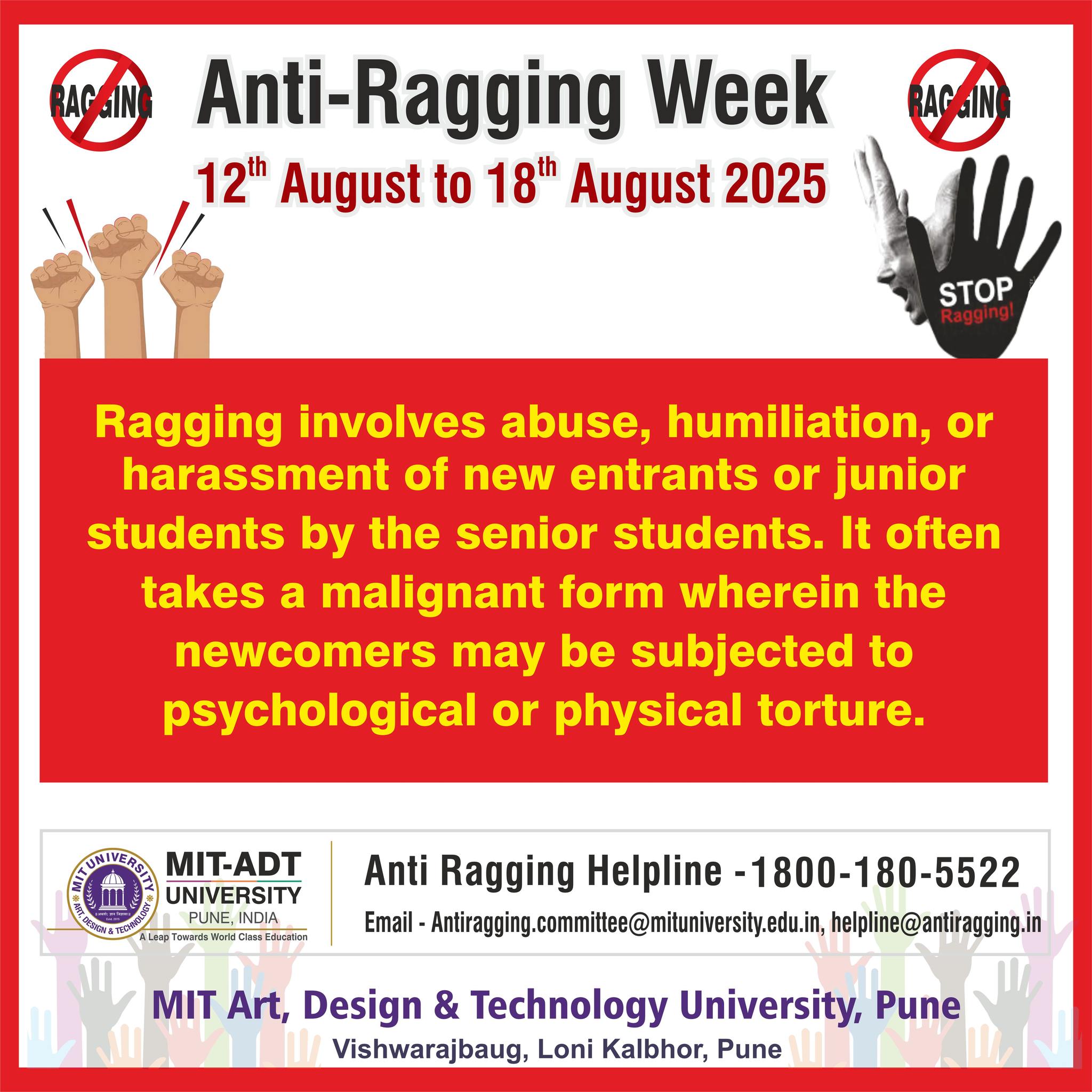 🚫 Say NO to Ragging! Ragging... - MIT ADT University, Pune | Facebook