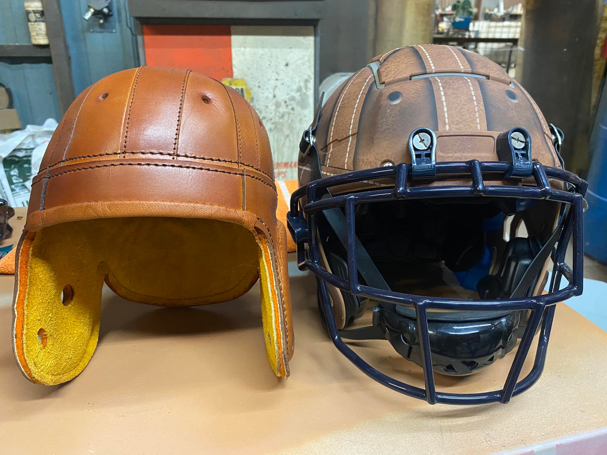 cordovan rust leather football helmet TK2 Style 1972 Washington Redskins Larry Brown Lombard  WESTBROOKSPORTSCARDS Chum and Rick check their