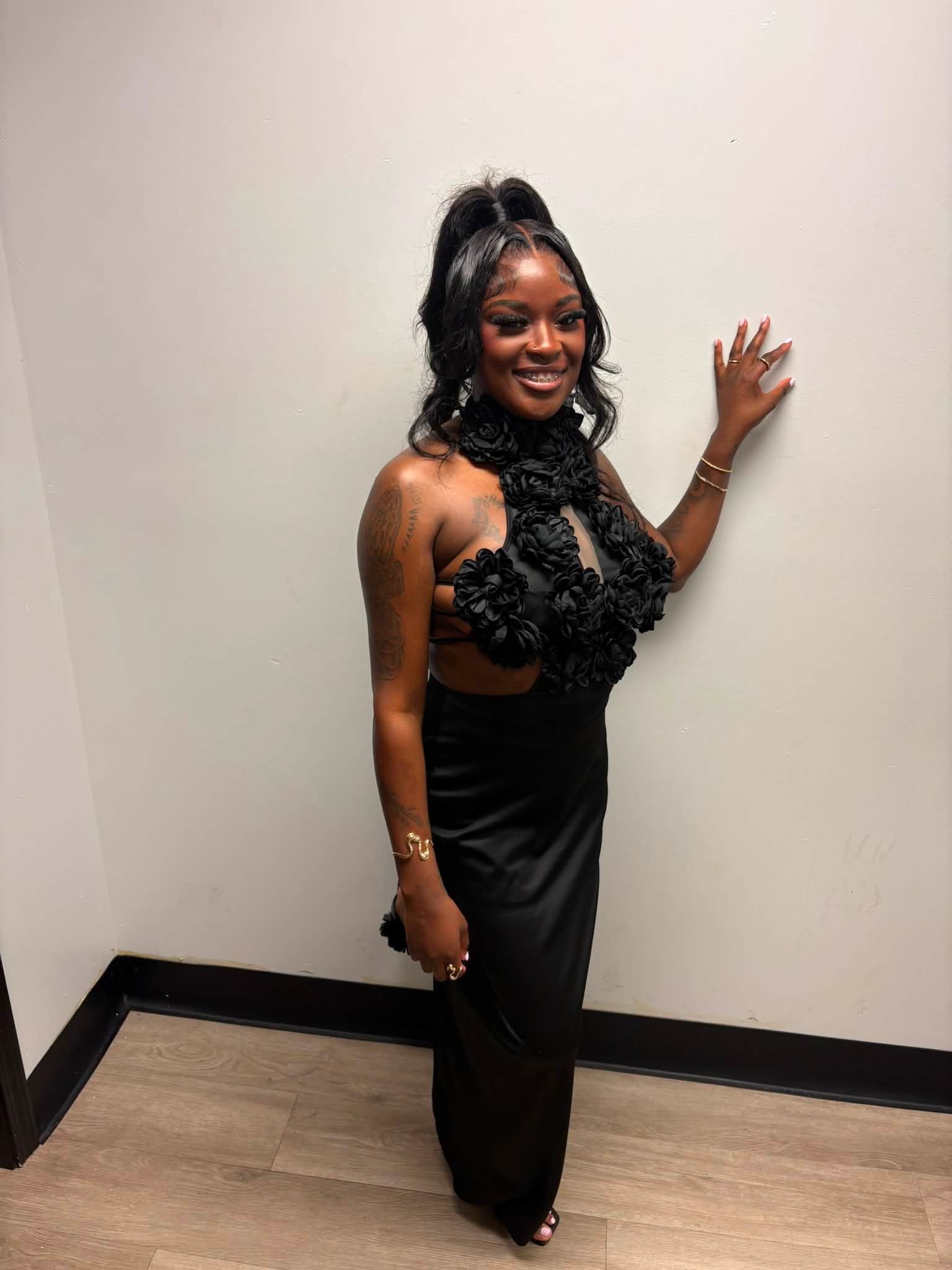 Thirty two birthday black floral halter dress look