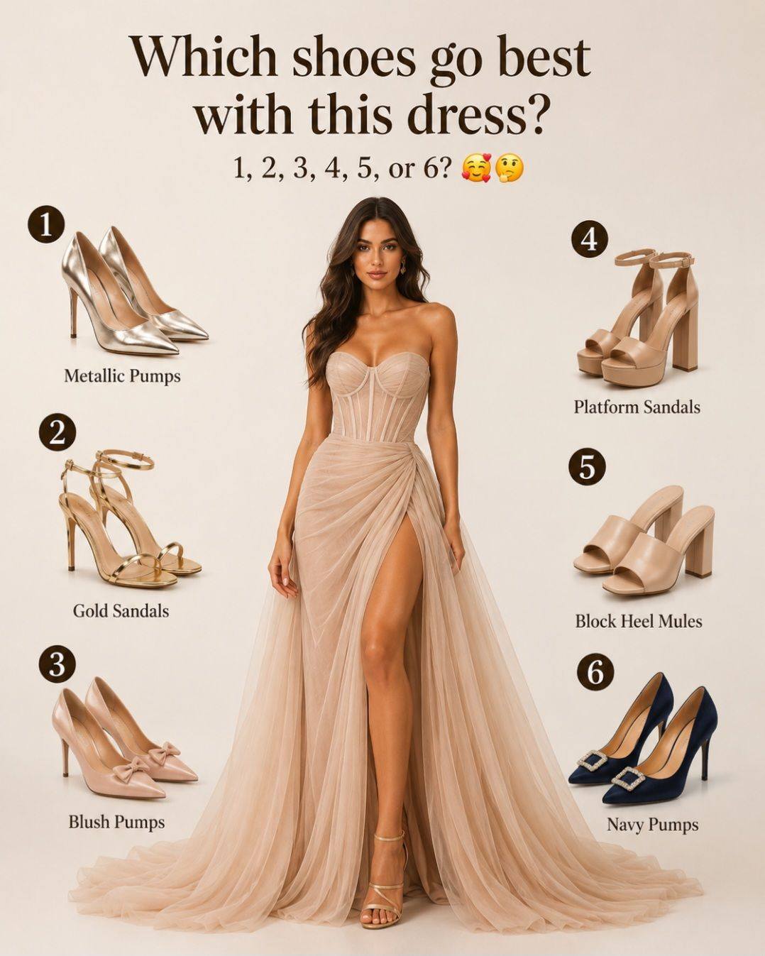 block heels with formal dress Chic - Act like s stylist and tell me:WICH SHOES GO BEST THE DRESS? 1️⃣,2️⃣,3️⃣,4️⃣,5️⃣ OR 6️⃣❓️ block heels outfit ideas