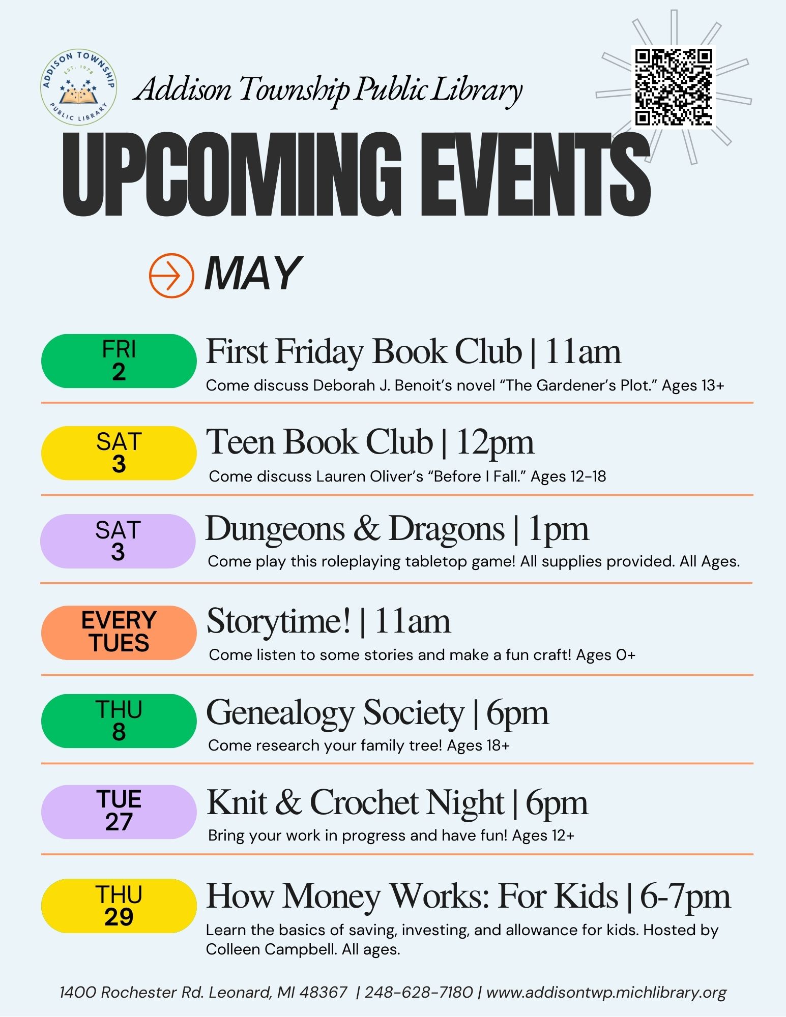 Our May 2025 events calendar... - Addison Twp. Public Library | Facebook