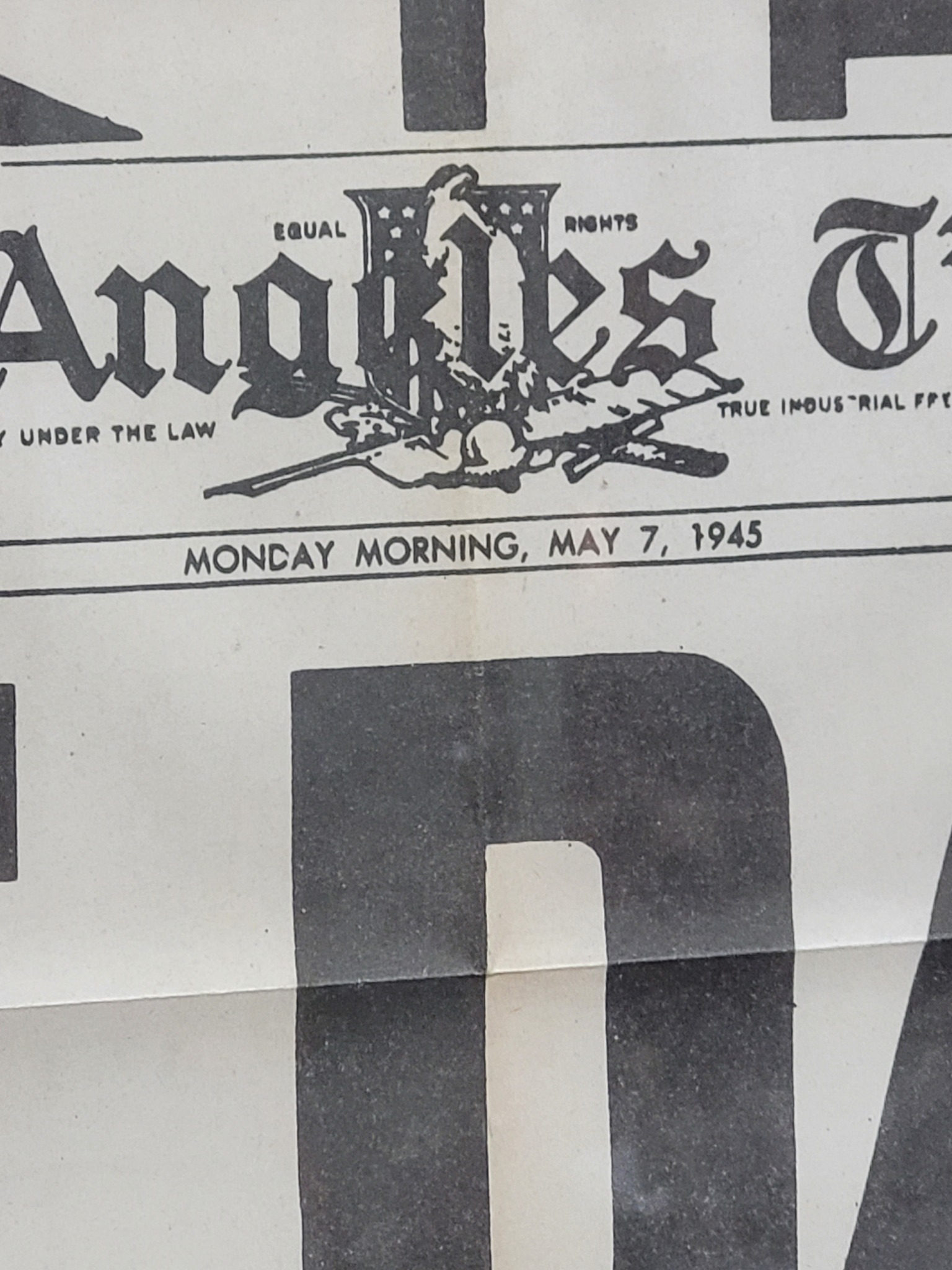 May 7, 1945 Los Angeles Times V-E DAY! Vintage framed newspaper