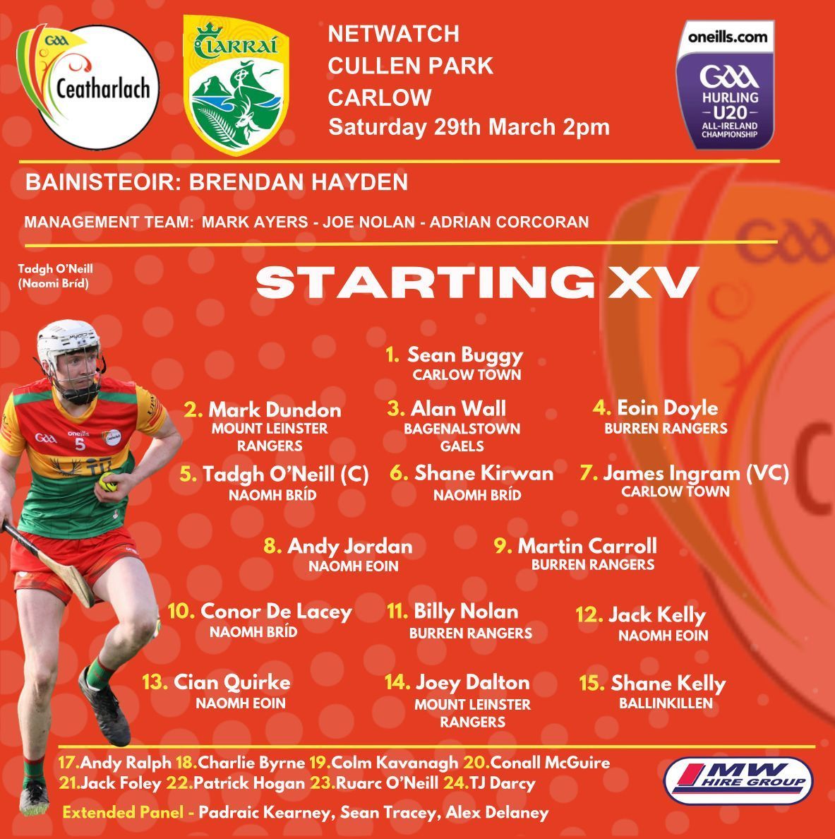 Carlow - 🇲🇱Bainisteoir, Brendan Hayden, has named the Carlow Under 20 ...