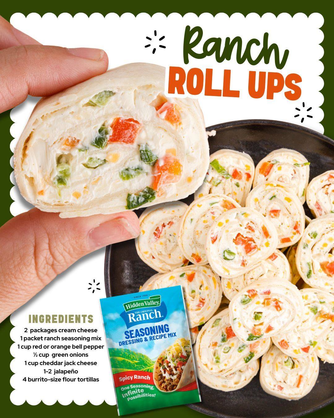 RANCH ROLL UPS ❤️ These Make-Ahead Pinwheels Are Always the First to Disappear!! INGREDIENTS 🌯 Cream cheese Ranch seasoning mix Red or orange bell pepper Green onions Cheddar jack cheese Jalapeño Burrito-size