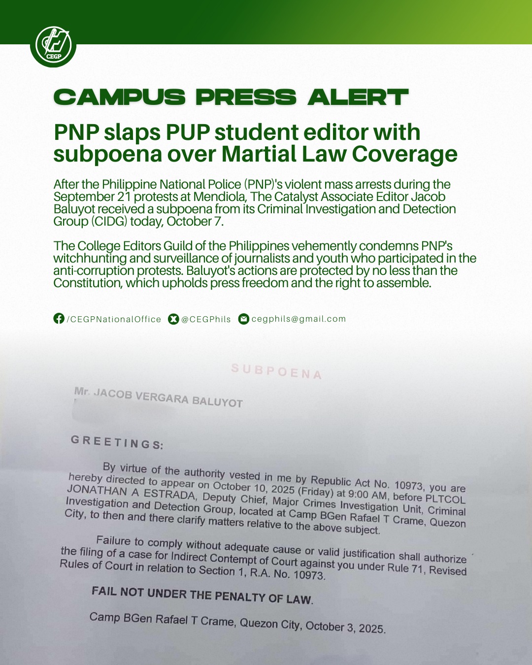 College - CAMPUS PRESS ALERT: After the Philippine National Police (PNP ...
