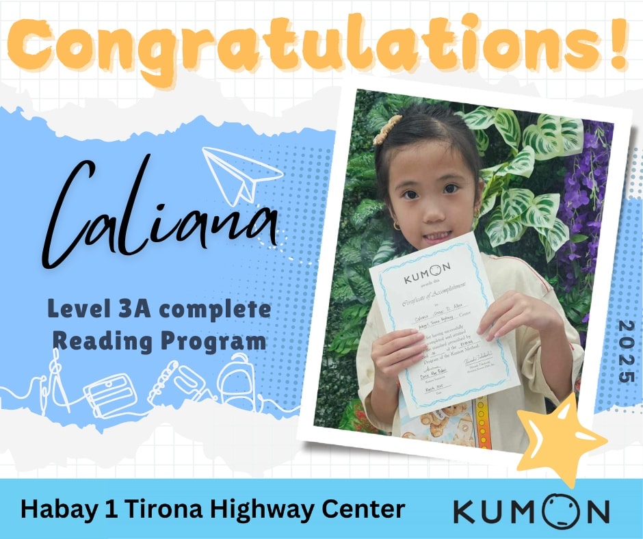 Kumon - Congratulations, Caliana, on completing Level 3A of the Kumon ...