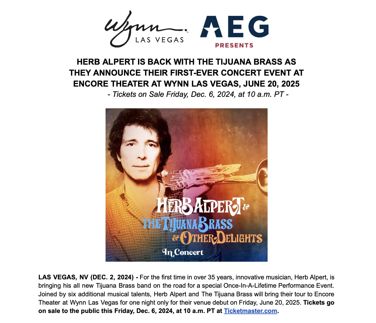 Herb - Herb Alpert & The Tijuana Brass are coming to the Encore Theater ...