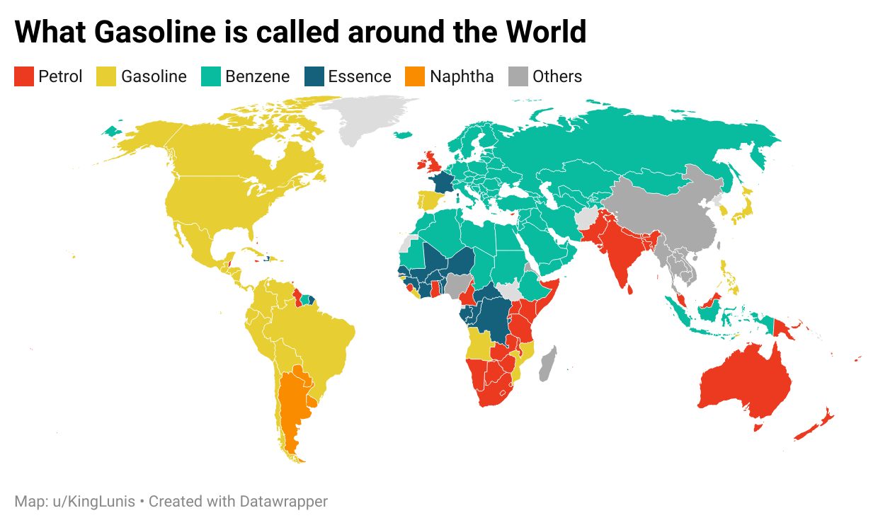 ペトロールズ　レコード　WHERE.WHO.WHAT IS PETROLS? Gasoline vs Petrol: Map Showing The Name Around the World