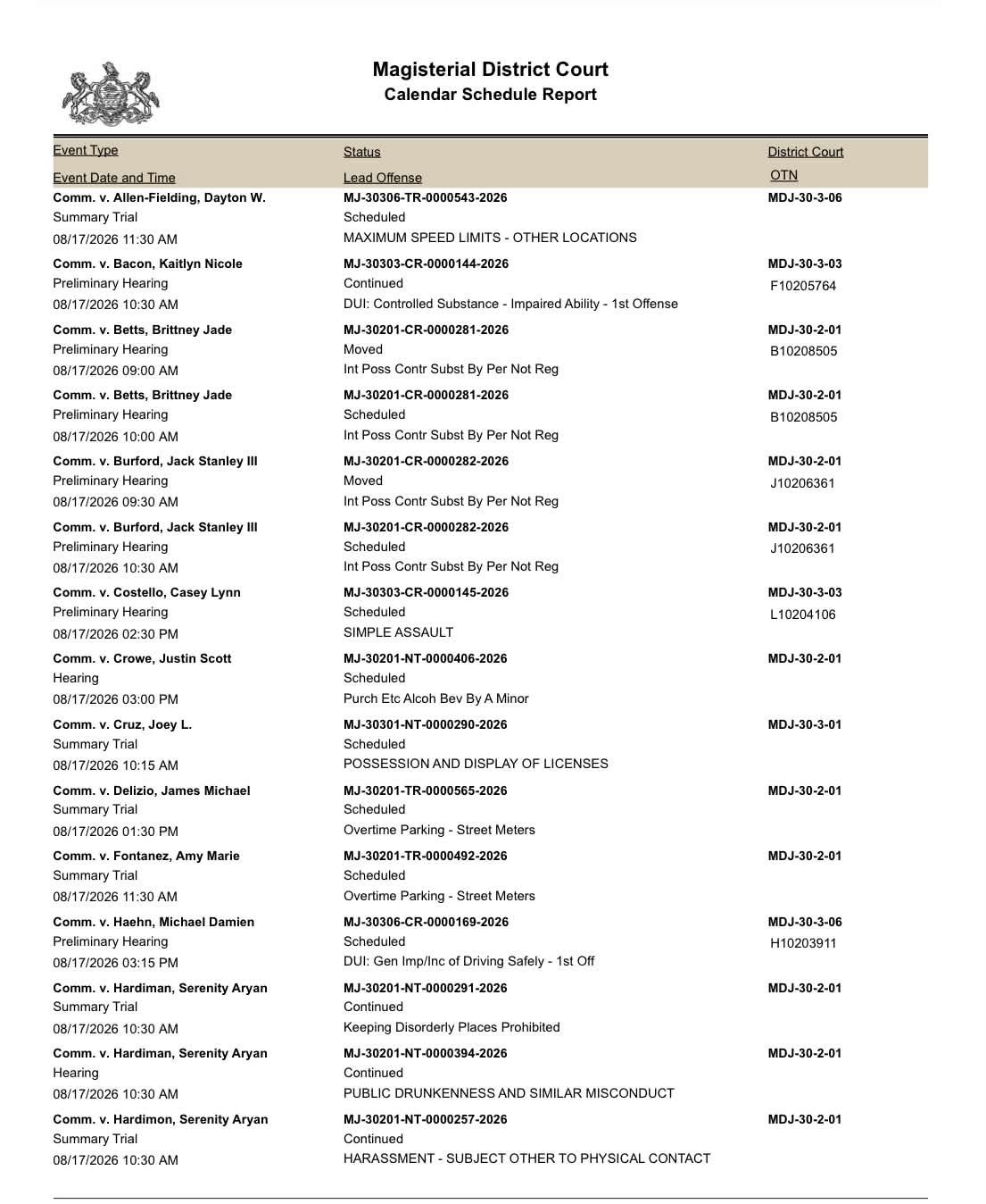 Crawford County court schedule for August 17, 2026