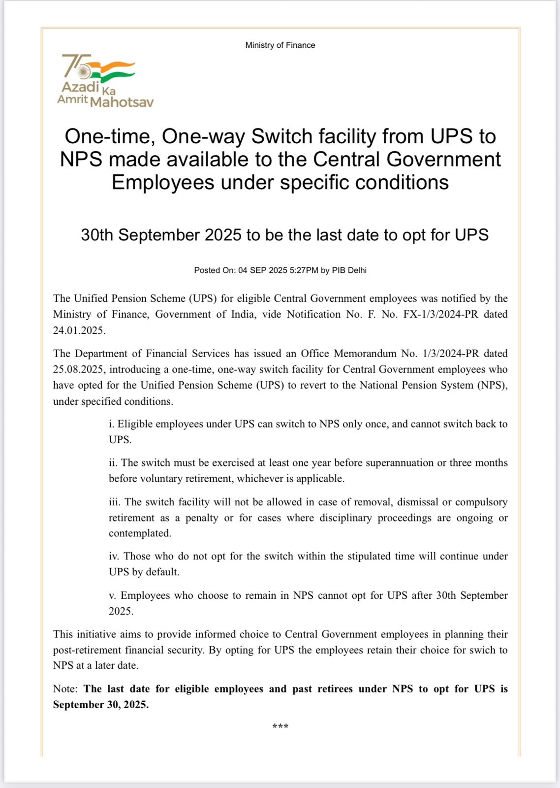 NPS - 📢 Important Update for Central Govt Employees A one-time, one-way ...