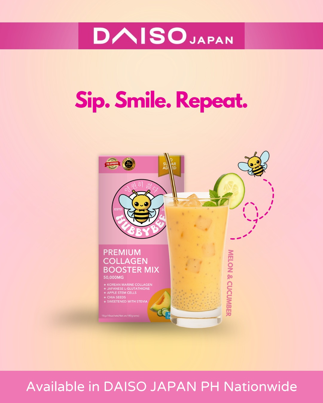 Refreshingly good! Enjoy Hubbybee Cucumber Melon Collagen, available at your nearest DAISO PH store nationwide. 💛🐝 #hubbybees