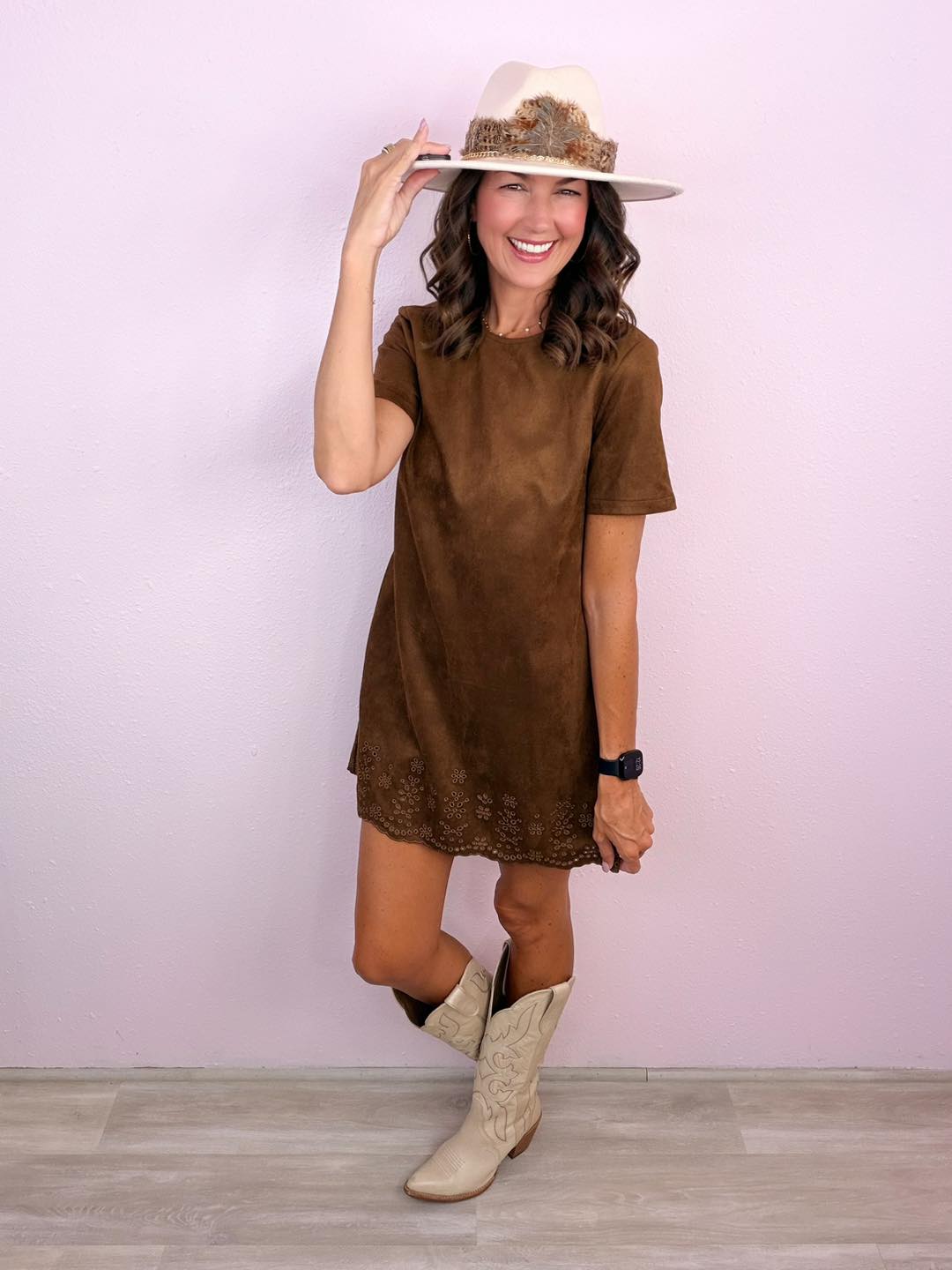brown suede dress outfit Western charm meets feminine detail in this rich faux-suede dress! $72 🔗 Vegan Moments > https://thepaisleyheart.com/products/vegan-suede-moments-dress 🛍️ Your next favorite is just a tap away—shop our website, app dark brown dress outfit