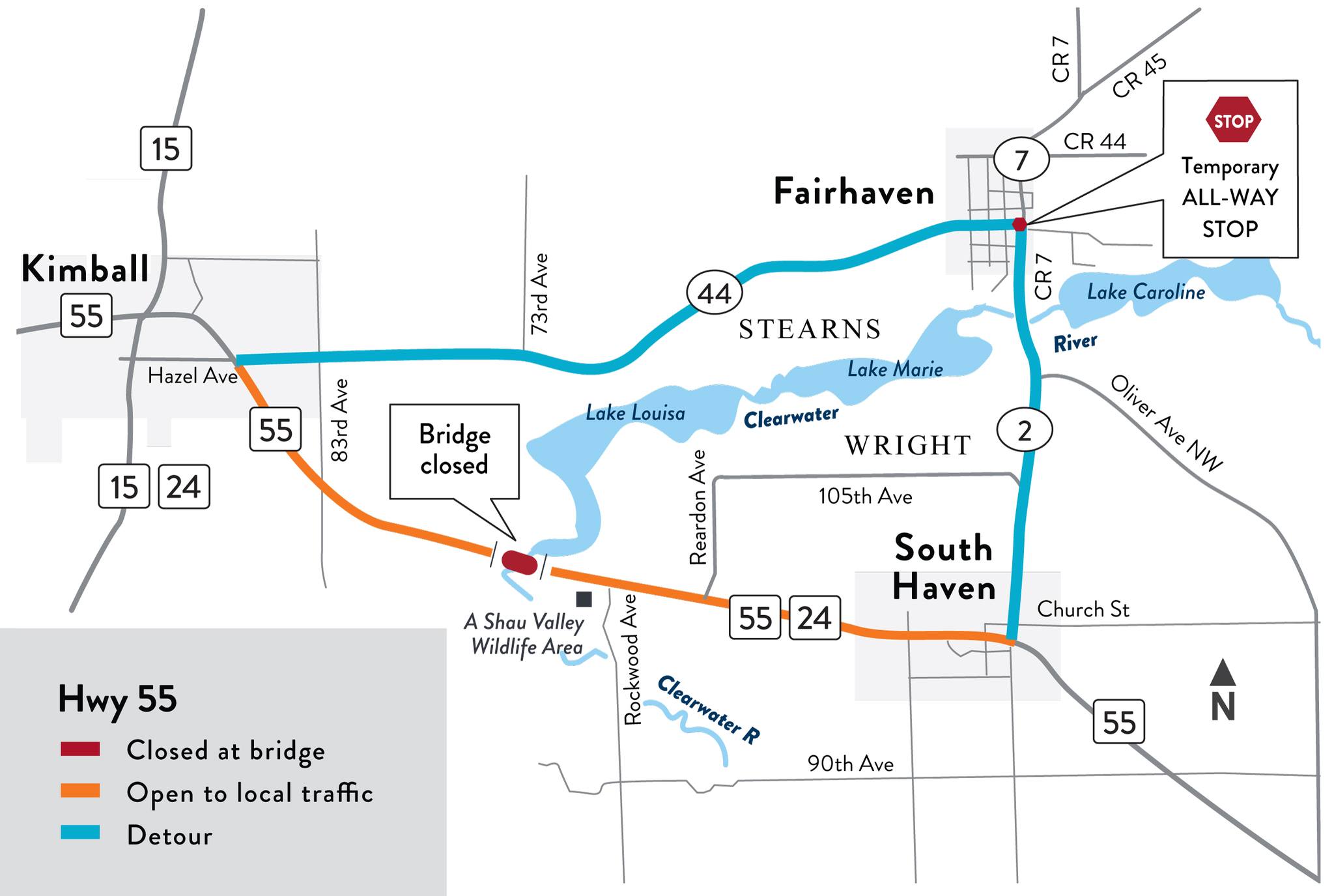 Hwy 55 bridge closure near Kimball for repairs