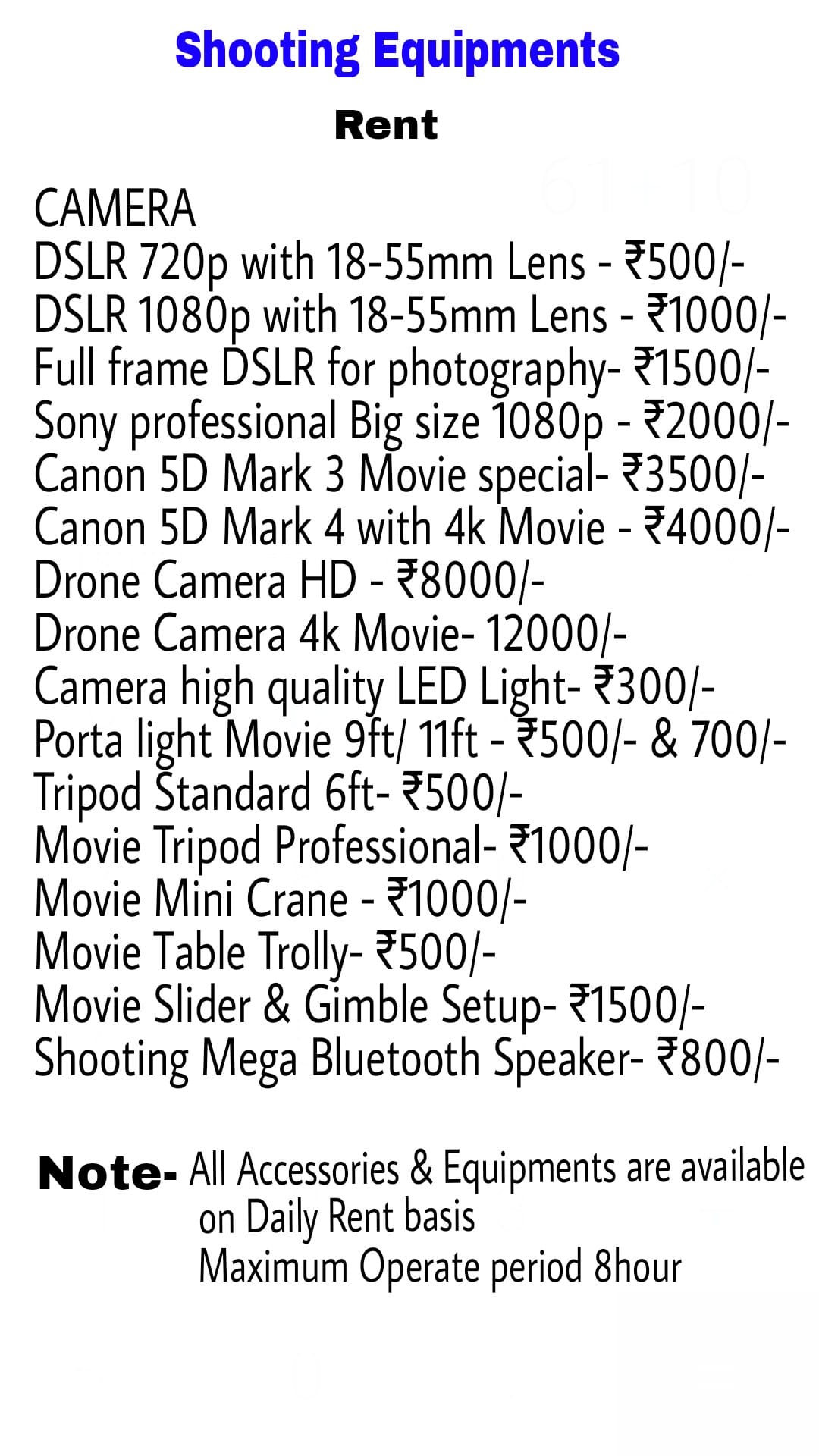 Our Rate Chart for Camera & Equipment... - BEME Films/Events