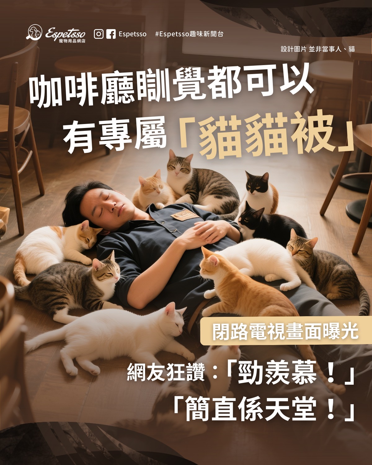 Espetsso - 咖啡廳睡覺也能擁有「專屬貓毯」？ 有一位韓國 cafe 老闆因為太攰所以唔小心瞓著咗，點知醒返竟然發現自己俾十幾隻貓貓 ...