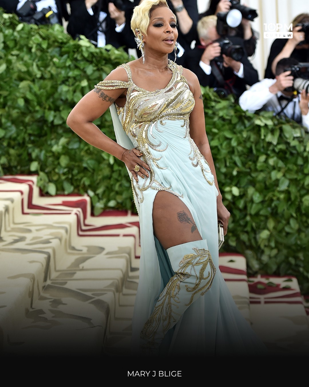 mary j blige gold dress J. shines in a pale blue and asymmetrical gown, accented with matching thigh-high boots and blonde waves GShopping