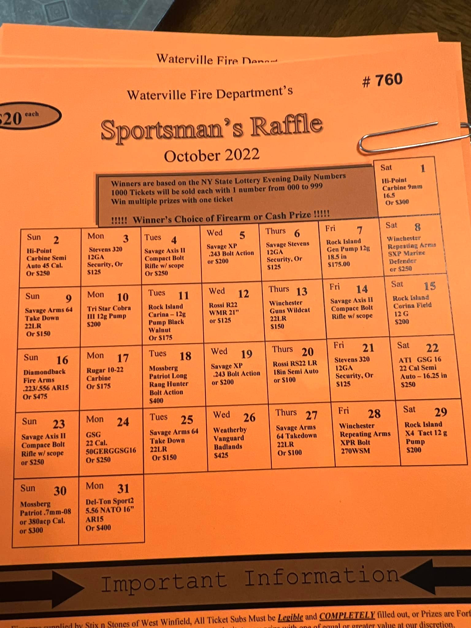 Waterville Volunteer Fire Department Sportsman Raffle | Waterville NY