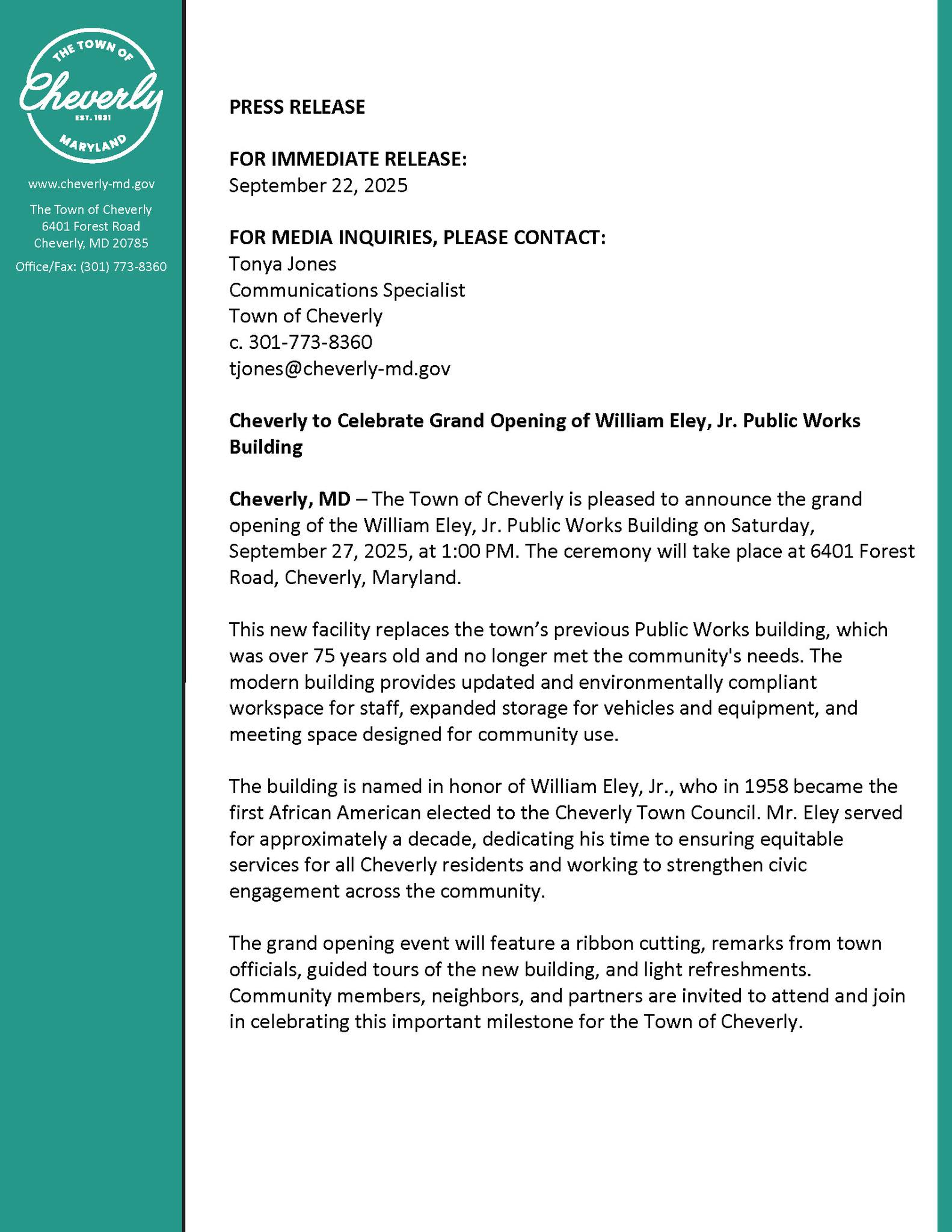 Town - Press Release: Cheverly to Celebrate Grand Opening of William ...