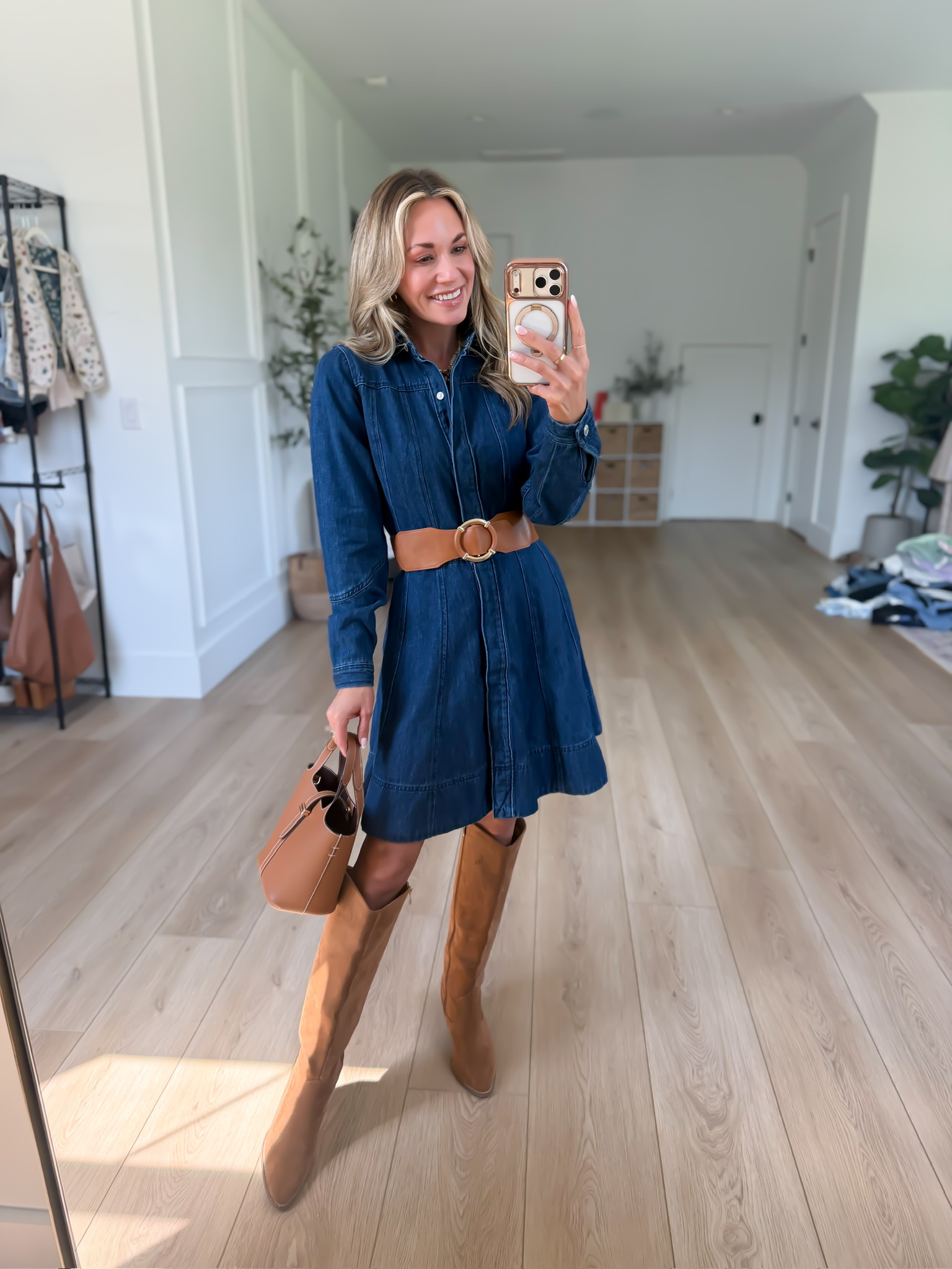 denim dress outfit fall dresses are having a moment for and this one is so good! Add a belt and tall brown boots and you have the easiest fall for church, family photos color:01 - WHITE Daisy Street short sleeve LOVESOME Cocktail flops for a complete