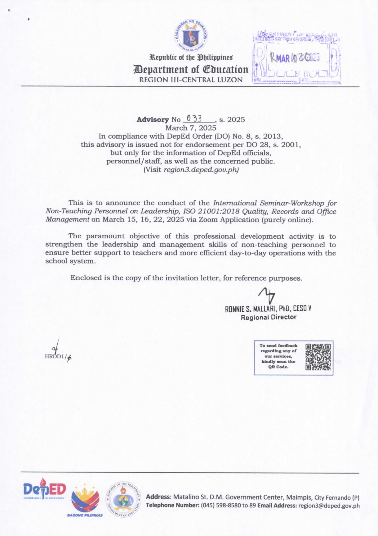 Philippine - DepEd Region 3 (Central Luzon) Advisory for PEPD, Inc ...