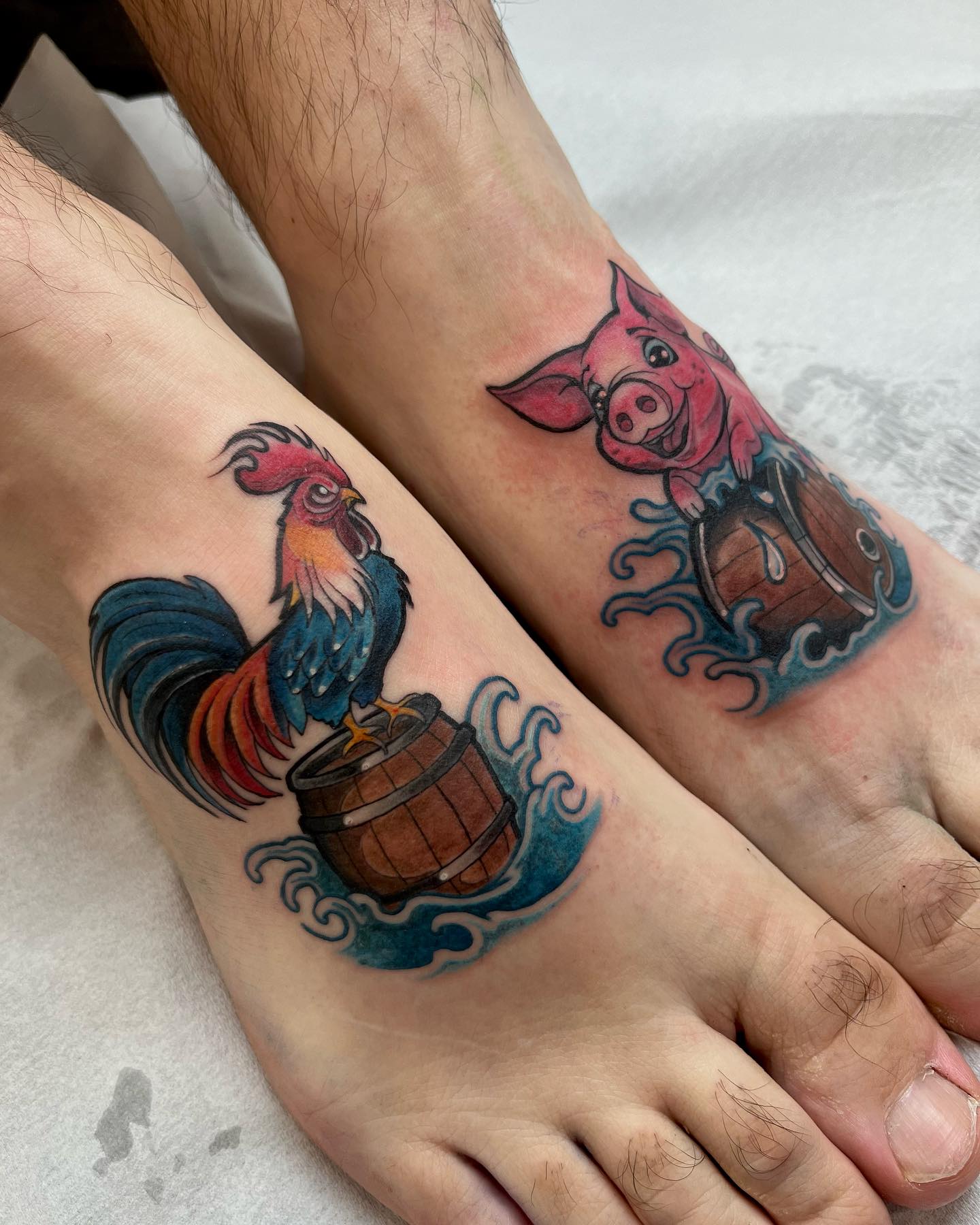 Rooster and the pig on a barrel for good luck! Done by 