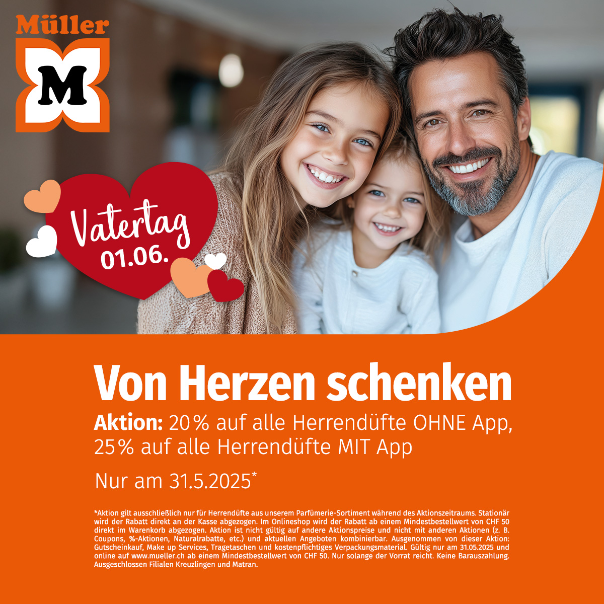 Zum Vatertag von Herzen schenken! 💙 Am 31.05.2025 bekommst du bei Müller: 👉 20 % auf alle Herrendüfte ohne App 📱 25 % auf alle Herrendüfte mit App Jetzt Lieblingsduft für Papa sichern 🎁 #Vatertag #Müller #Herrendüfte #Vaterliebe #Geschenkideen