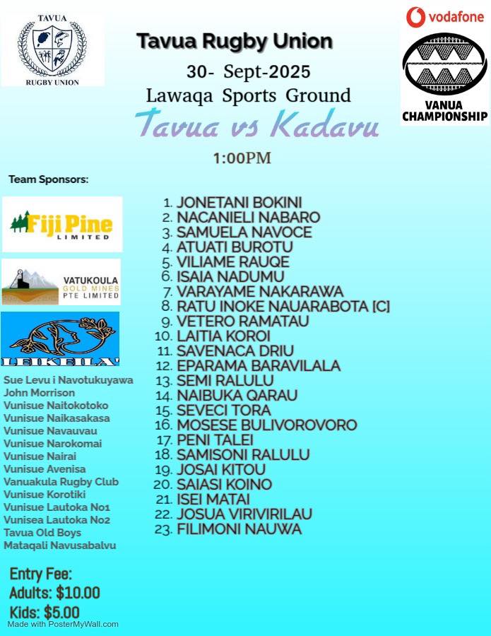 Tavua - 🔥 OUR GLADIATORS: SENIOR TEAM LIST : TAVUA vs KADAVU🔥🩵🤍 📍 ...