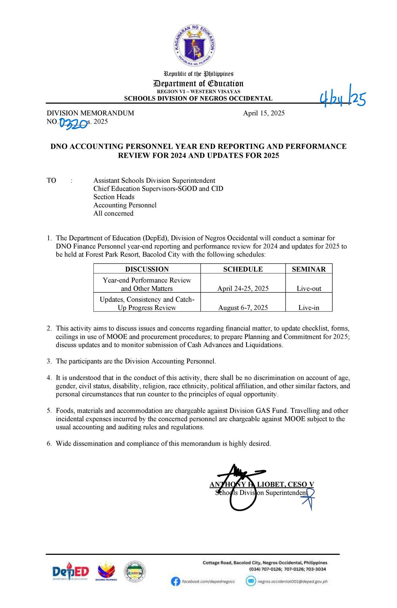 DEPED - DIVISION MEMORANDUM NO. 320 S. 2025 DNO ACCOUNTING PERSONNEL ...