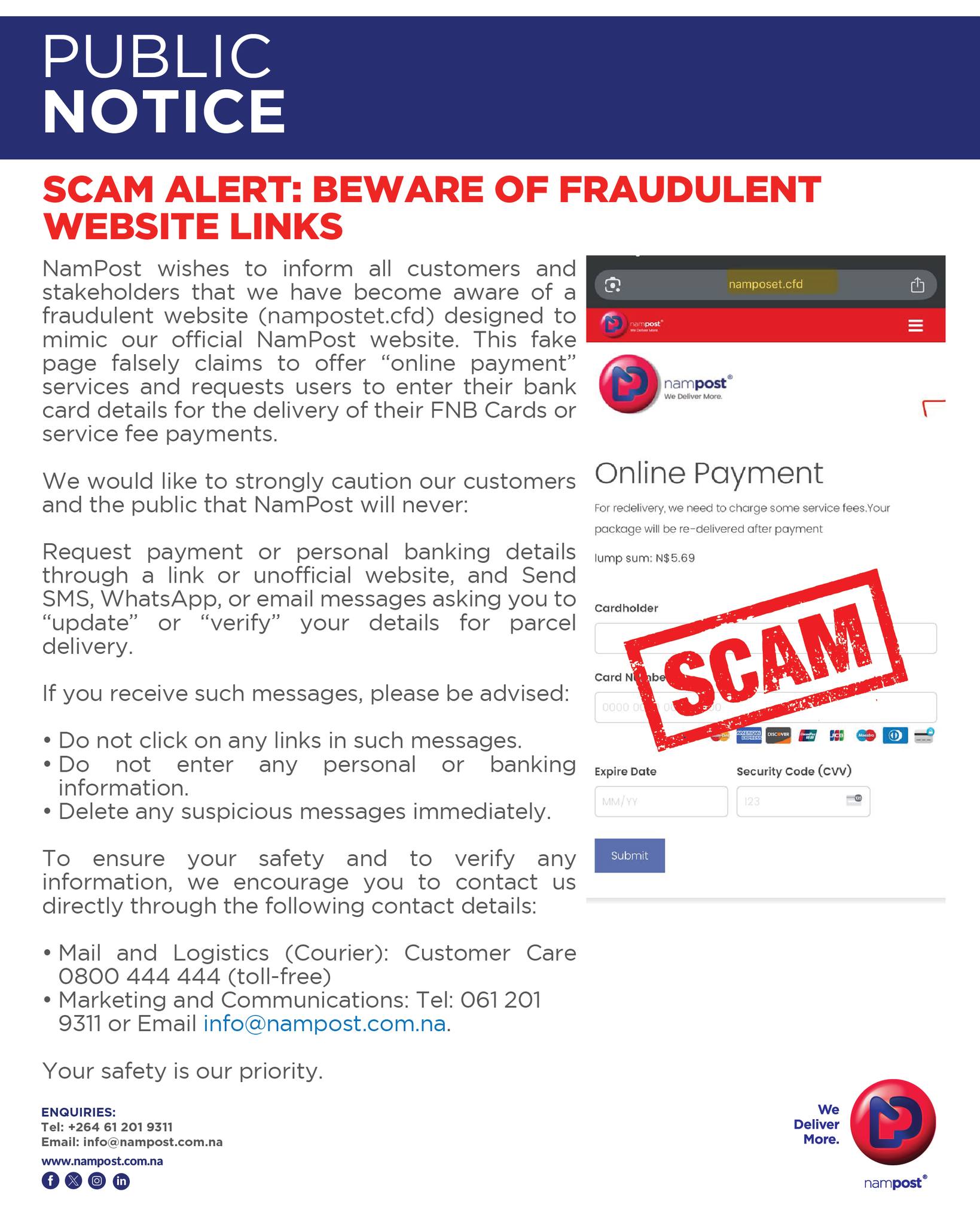 NamPost - PUBLIC NOTICE | SCAM ALERT: BEWARE OF FRAUDULENT... | Facebook