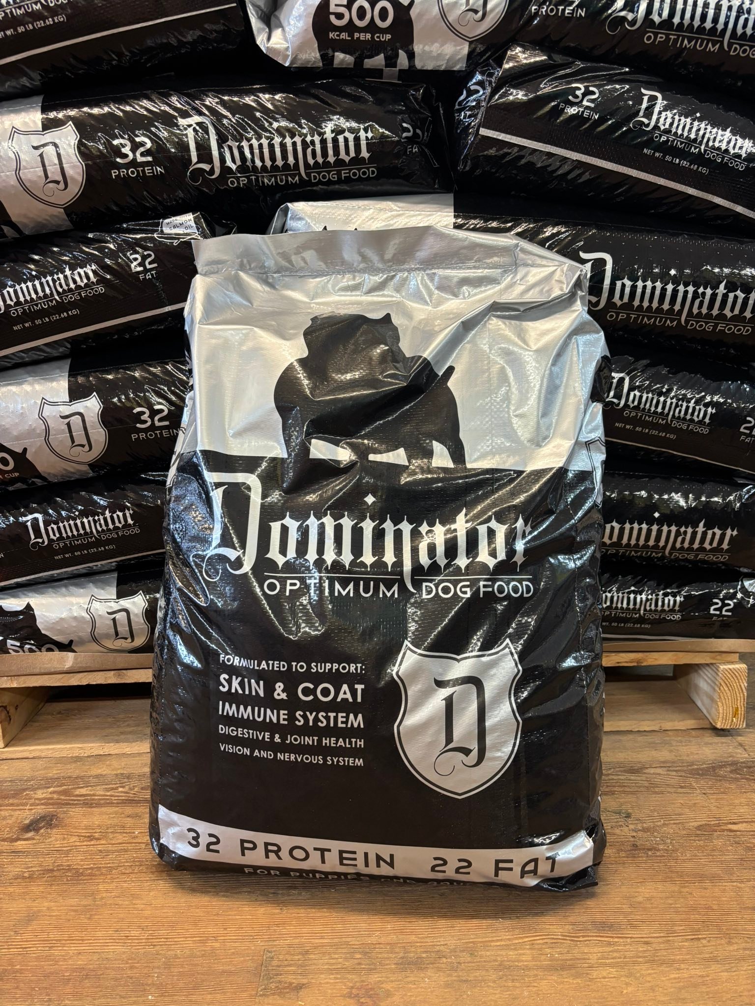 Dominator Optimum Dog Food – 32-22 Protein-Fat Ratio, With Salmon Oil, For Puppies & Adults, 50 Lb Bag