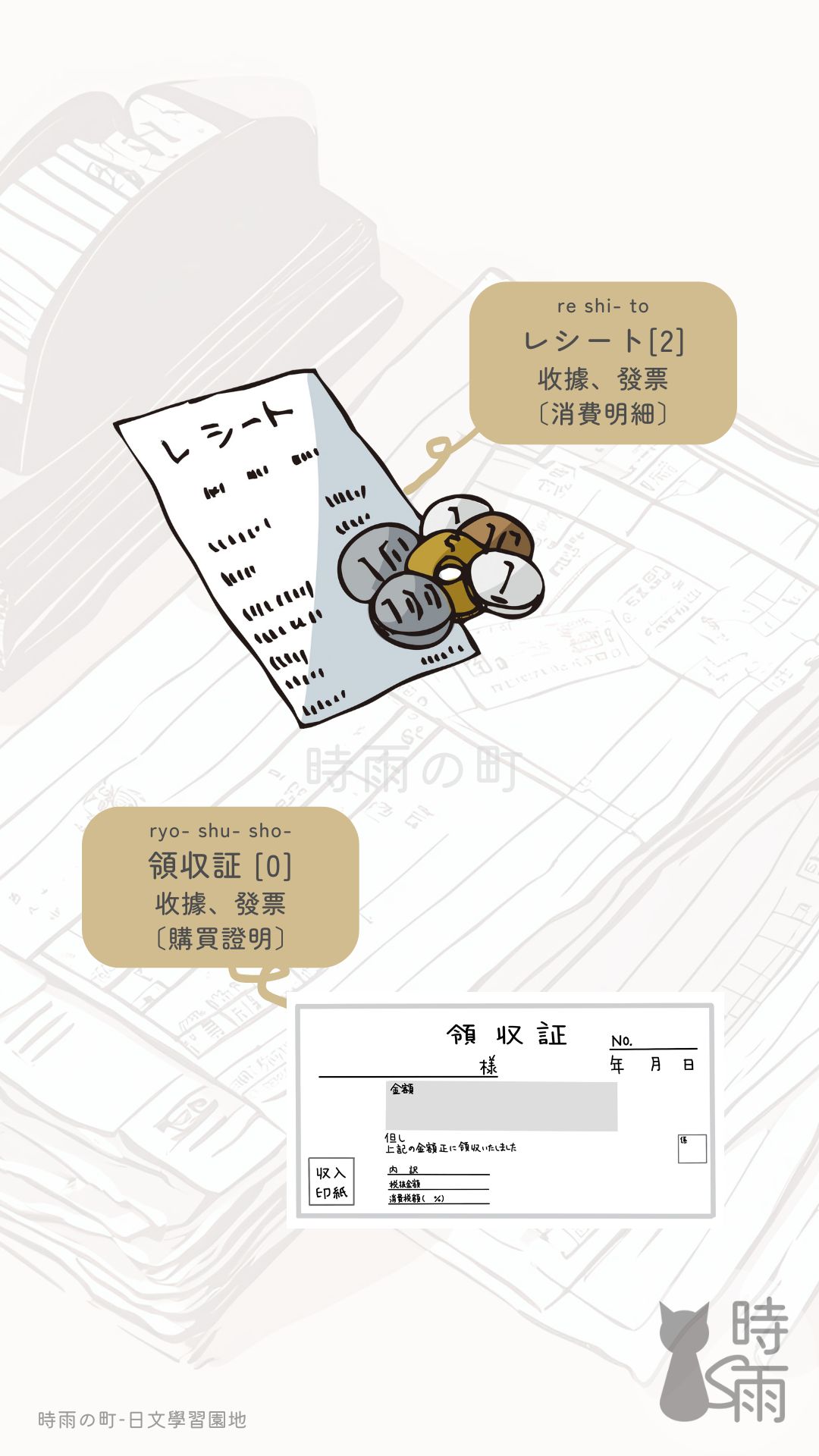 時雨の町-日文學習園地 - 發票或收據的日文可以說「レシート」或「領収証」，前者主要是提供消費明細的資訊，後者則是資訊... | Facebook