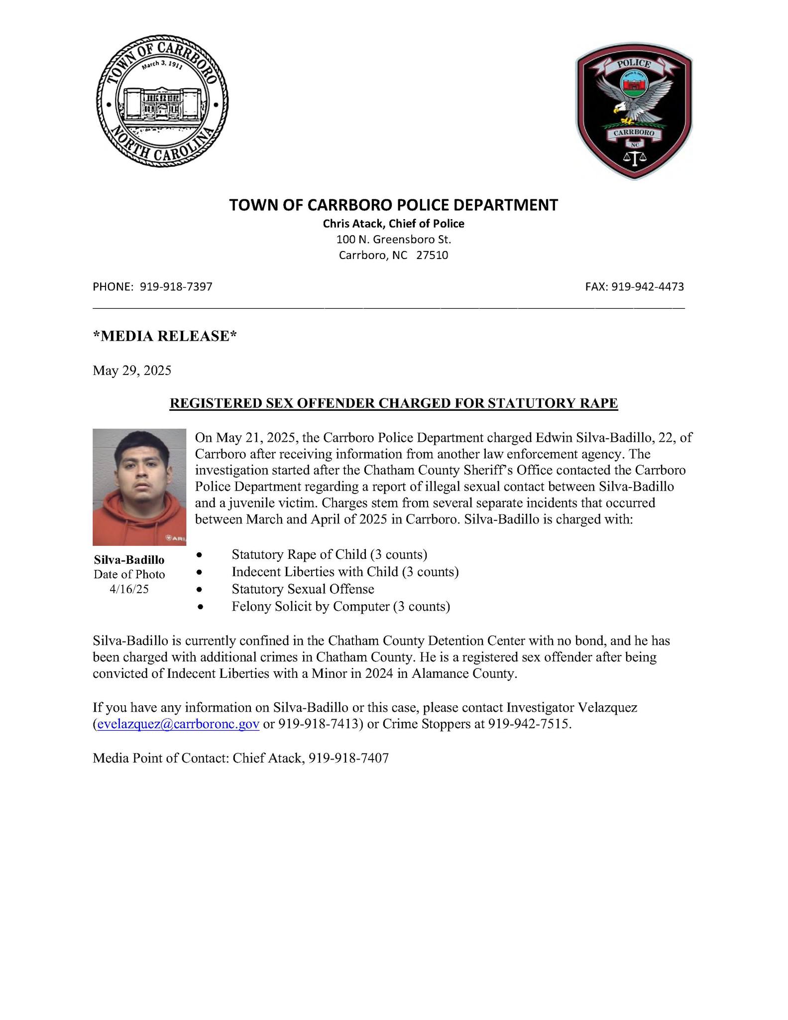 Carrboro - *MEDIA RELEASE* May 29, 2025 REGISTERED SEX OFFENDER CHARGED ...