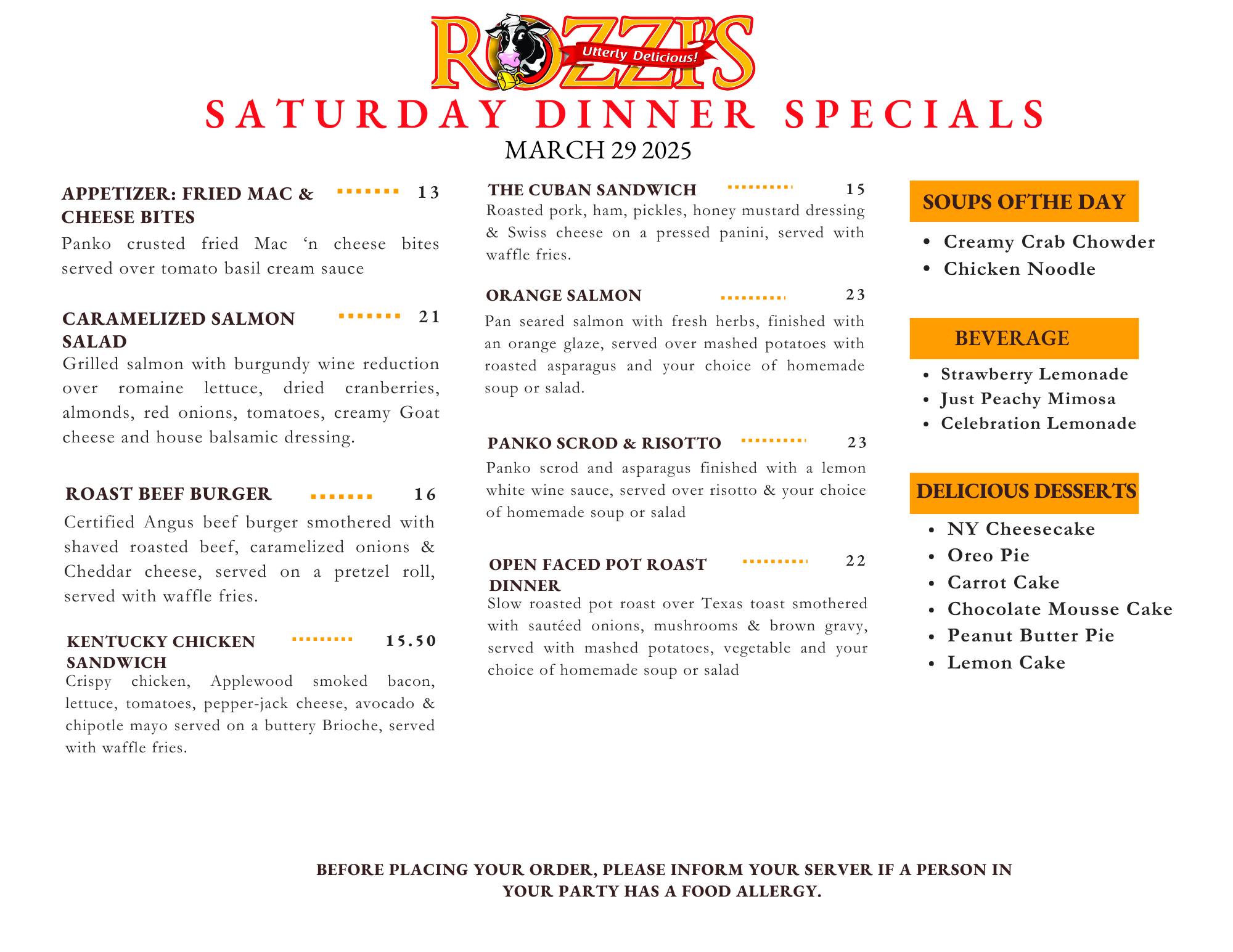 ROZZI'S - Saturday Dinner Specials 🍽️ Available starting at 4:30 PM ...