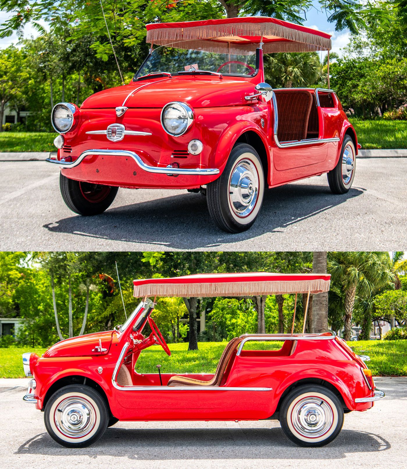 1959 Fiat 500 Jolly Wicker seats and a colorful surrey top