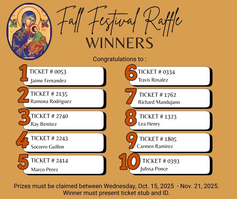 Our - Congratulations to our raffle winners. ID and ticket stub are ...
