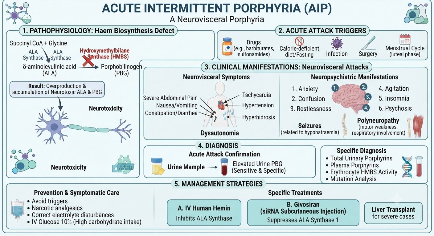 Acute intermittent porphyria symptoms include hypertension and tachycardia