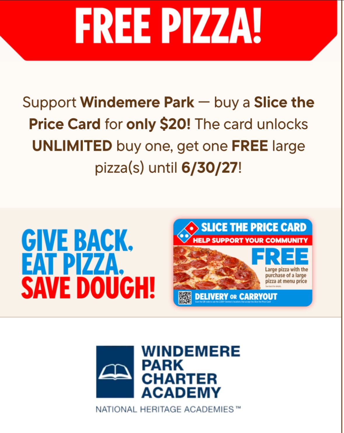 Buy One Get One Free Large Pizza Cards for Windemere Park