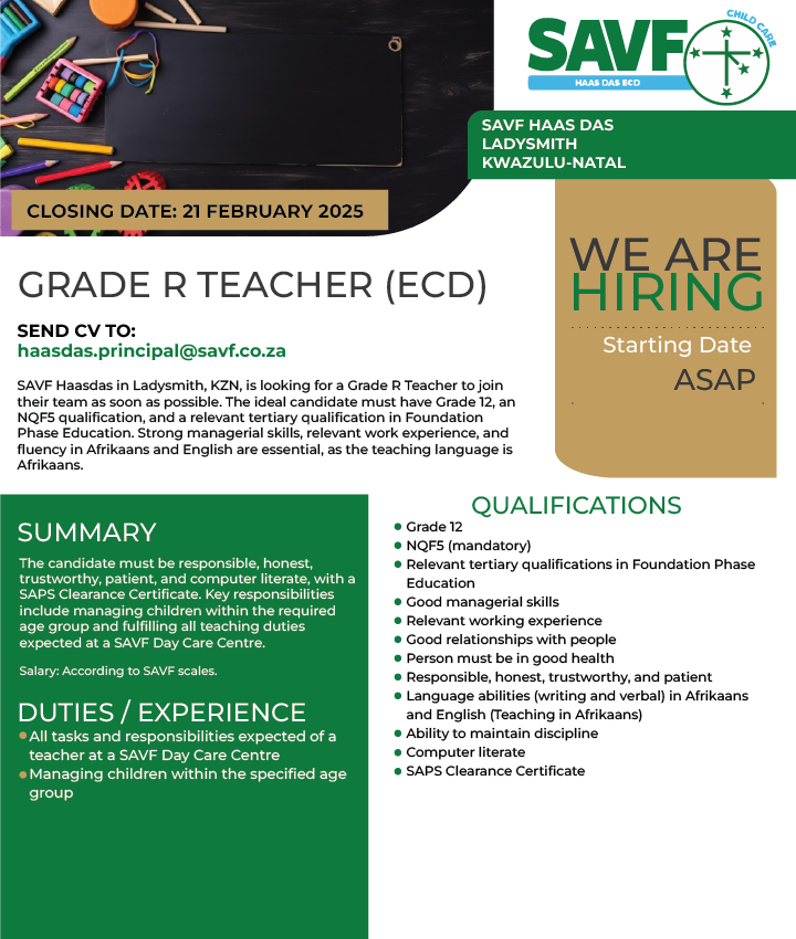 📢 We're Hiring: Grade R Teacher... - SAVF KZN Social Services | Facebook