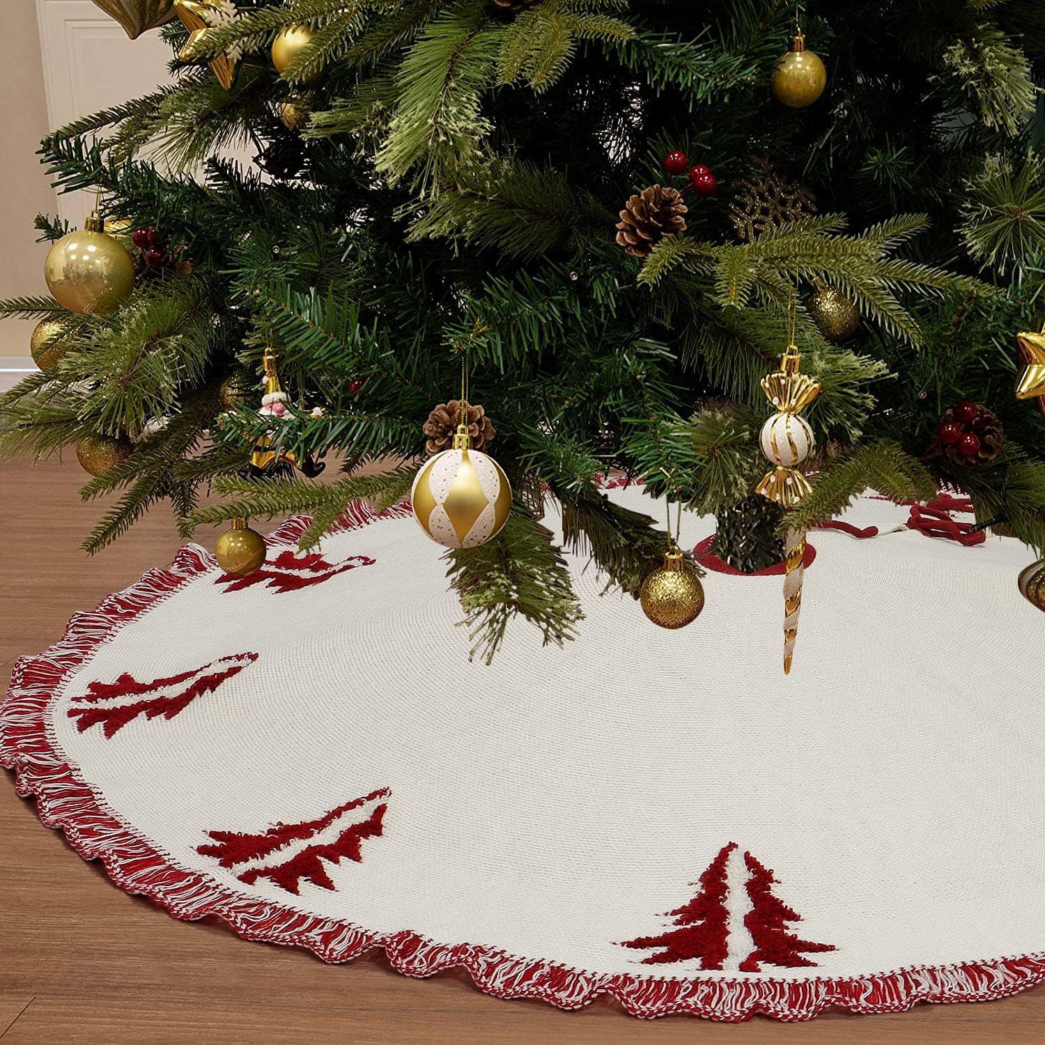 Jupe De Sapin De Noël Rouge - Diamètre 120 Cm - Tissu Peluche Doux - Décoration De Base Pour Arbre 1,5 à 2,1 M