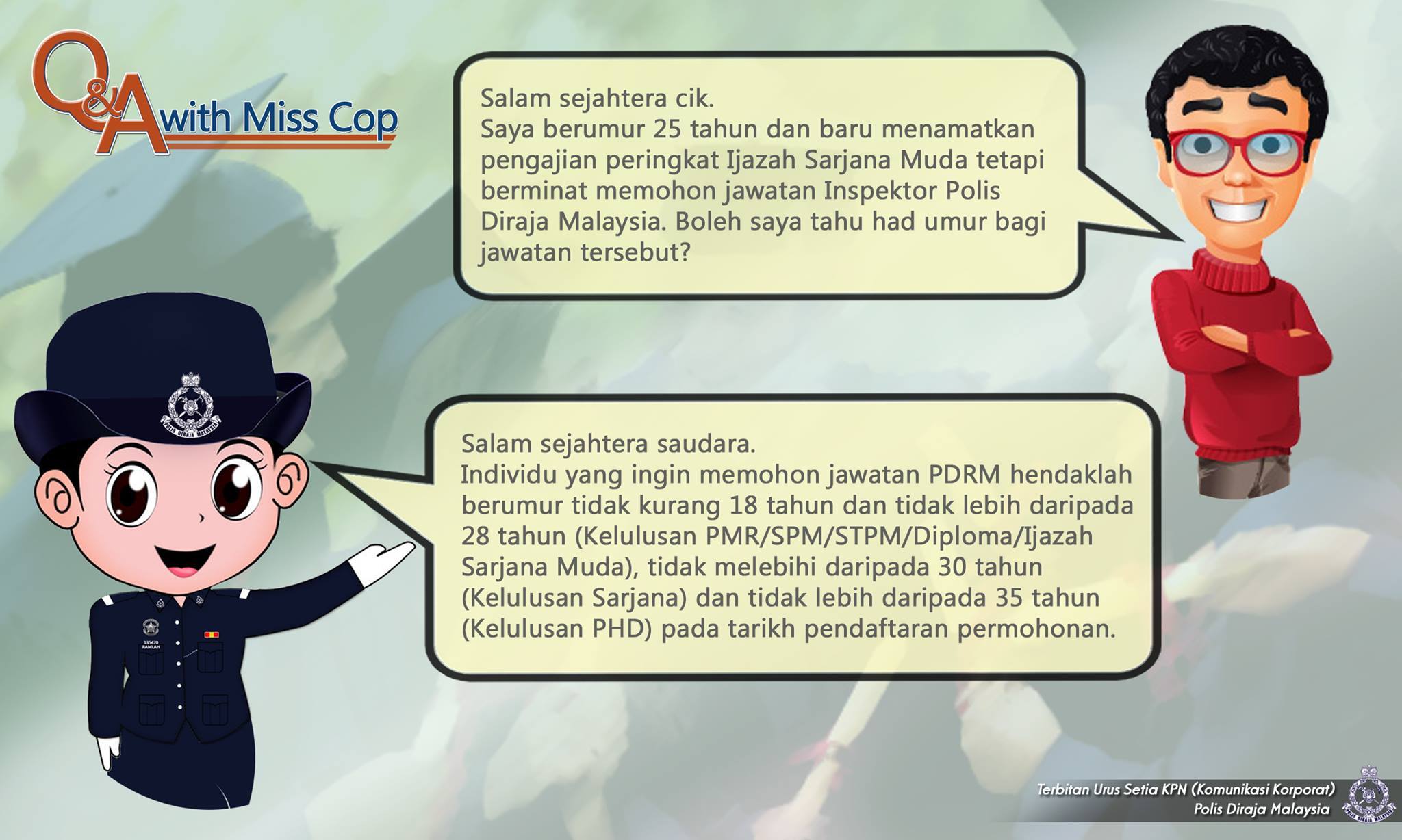 Polis Diraja Malaysia Royal Malaysia Police Q A Salam Sejahtera Cik Saya Berumur 25 Tahun Dan Baru Menamatkan Pengajian Peringkat Ijazah Sarjana Muda Tetapi Berminat Memohon Jawatan Inspektor Polis Diraja