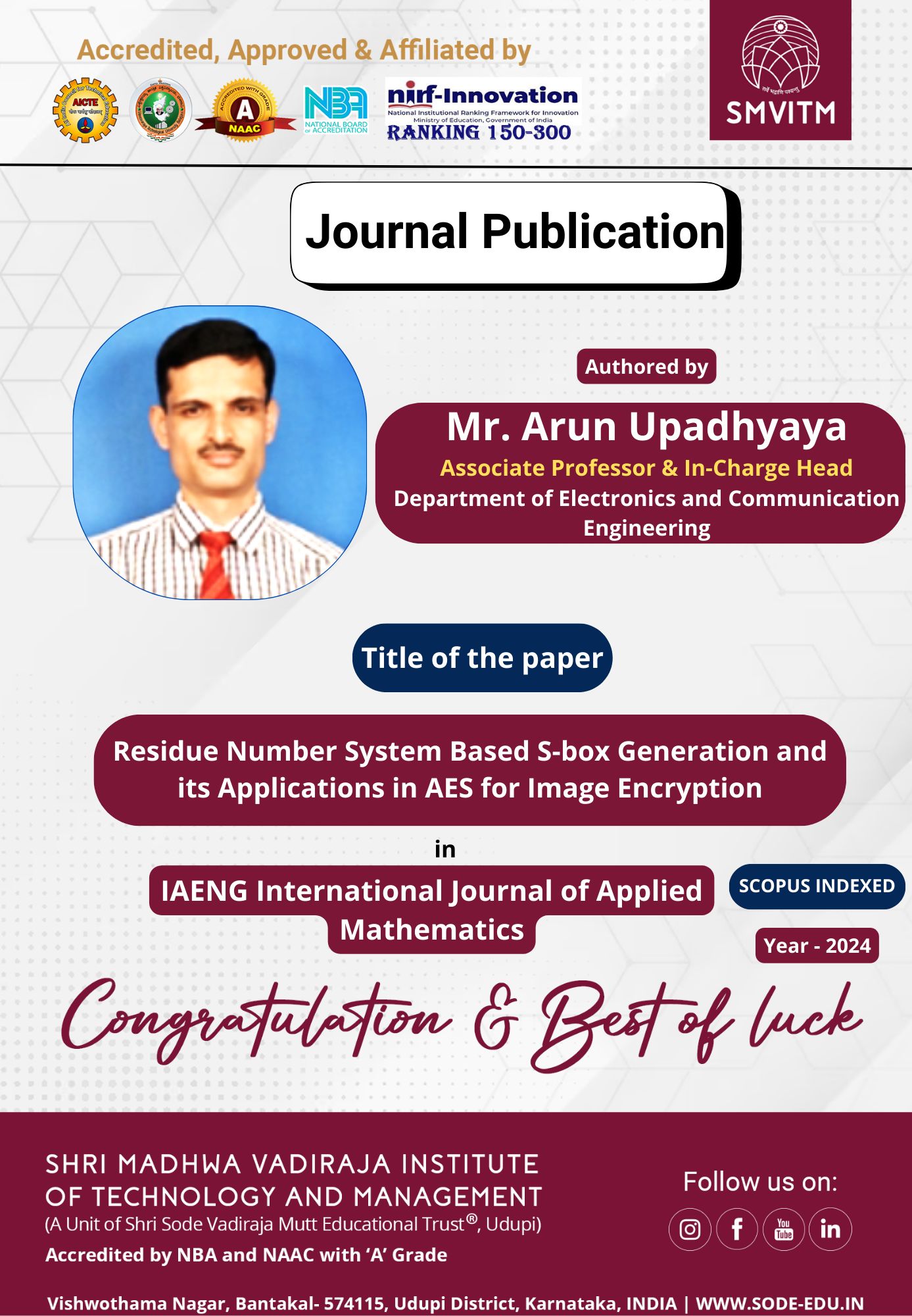 🌟 Proud Moment for SMVITM! 🌟 We are thrilled to share that Mr. Arun ...