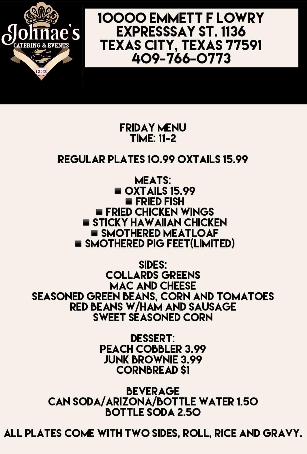 Johnae’s - Updated Menu for Friday! We will have pig feet! Hope to see ...