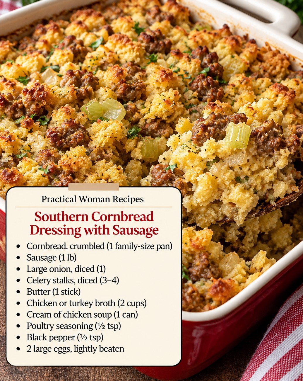 Practical Woman's Southern Cornbread Dressing with Sausage A classic Southern-style dressing with crumbled cornbread, savory sausage, tender celery and onion, baked until moist inside with a lightly golden top. Servings: 8–10 Yield