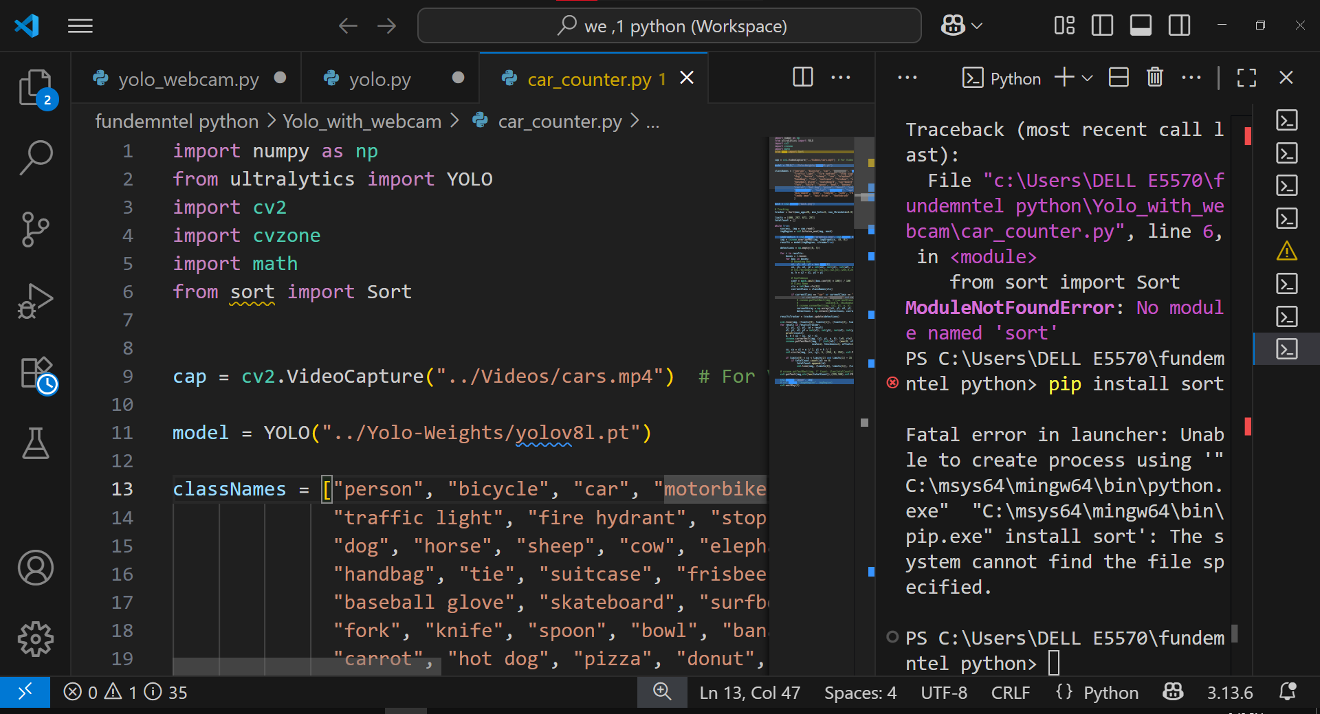 Any one know how to install sort we, yolo.py python (Workspace